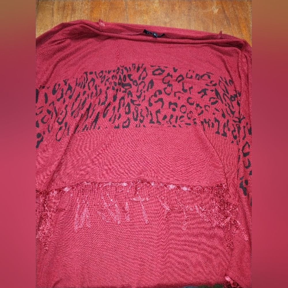 Bellissima Open Front Fringe Sleeveless Cardigan, Red / Burgundy, Size M… - Picture 4 of 7